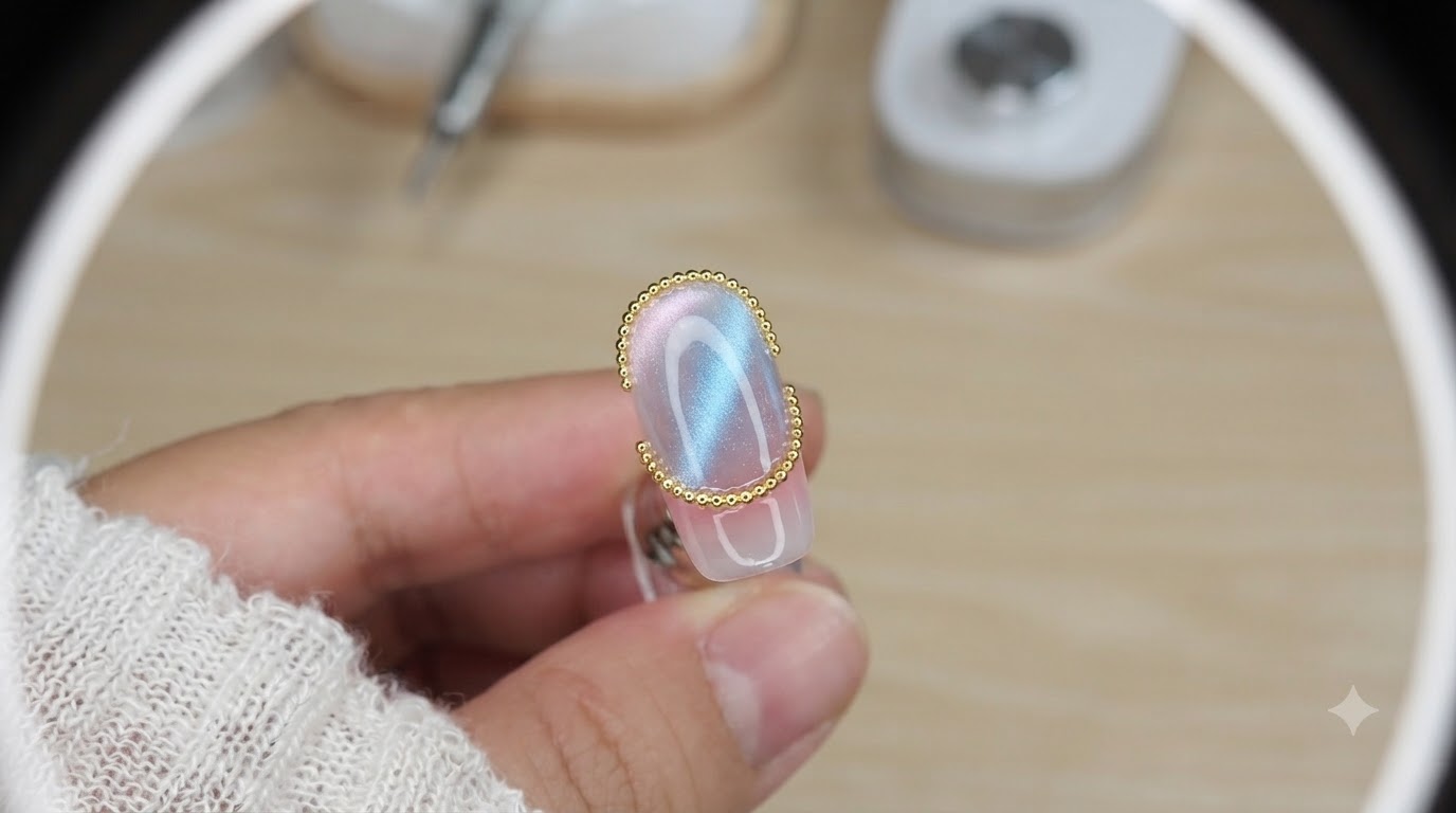 Aurora Ice and Cat Eye Gel Nails with Gold Accents — Step-by-Step Tutorial