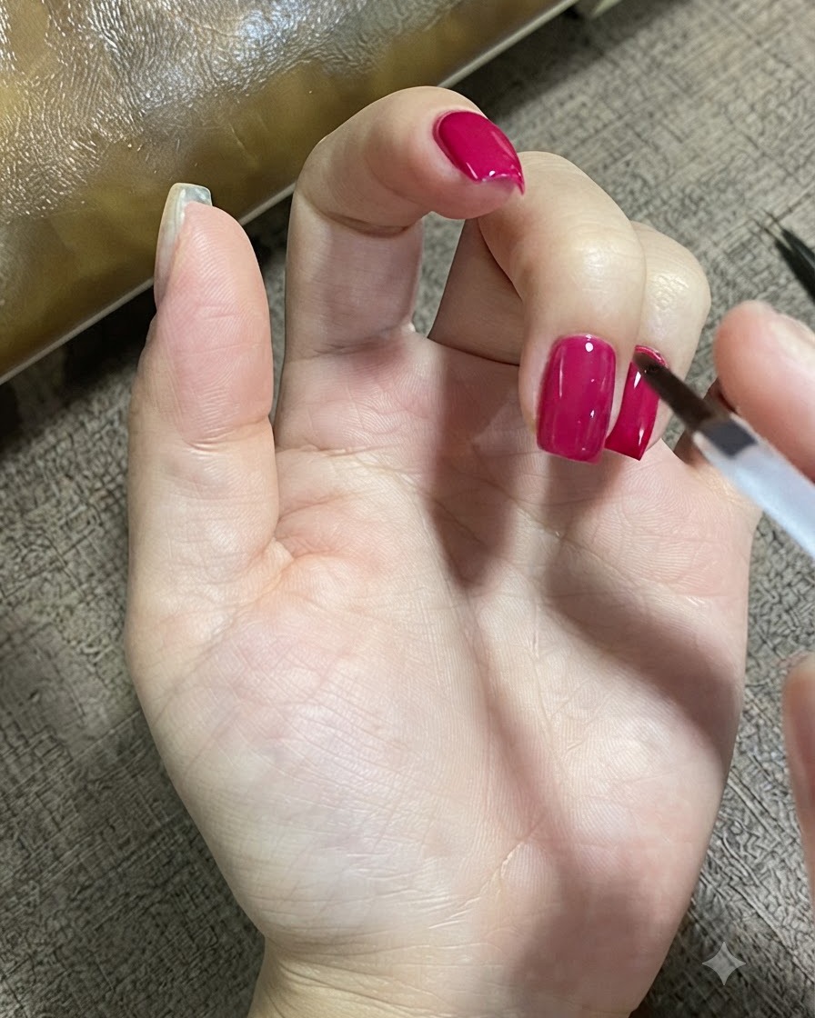 A nail brush carefully applying matte top coat onto the surface of a manicured fingernail.