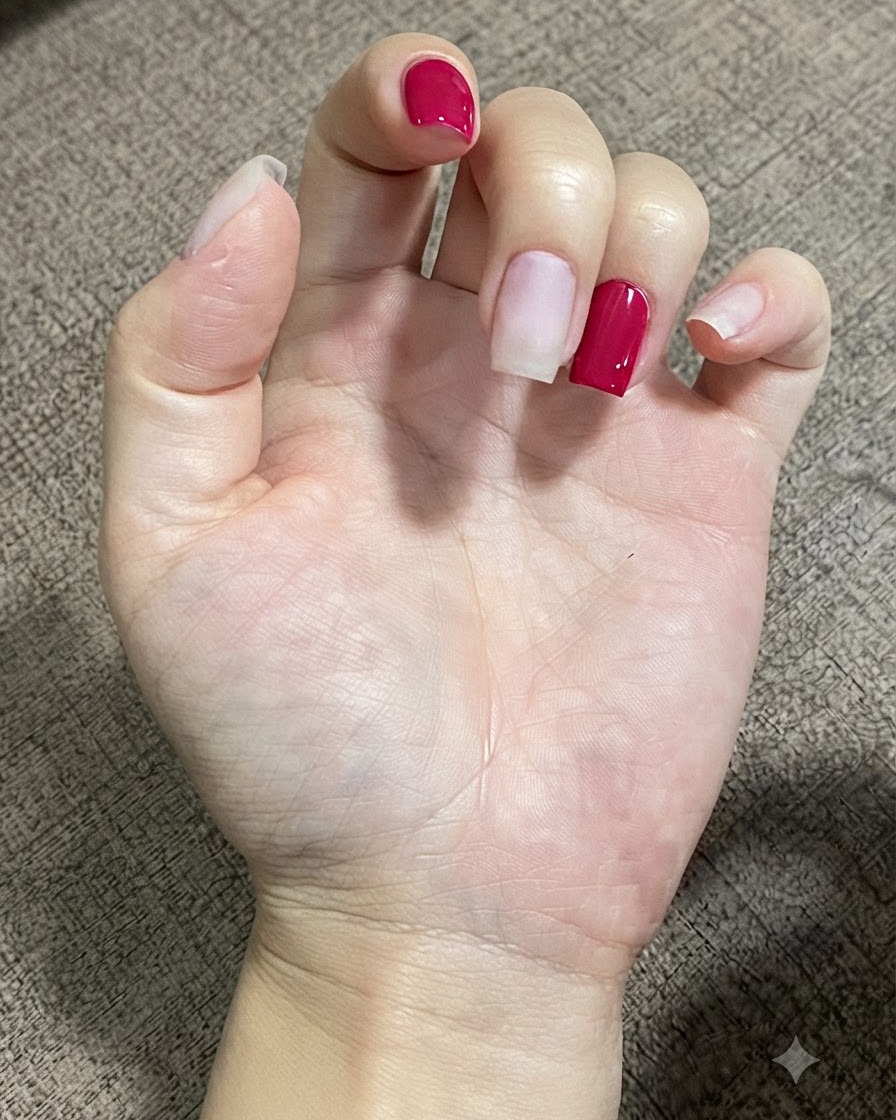 A close-up of a finger showing a small precise drop of clear extension gel placed near the cuticle area.