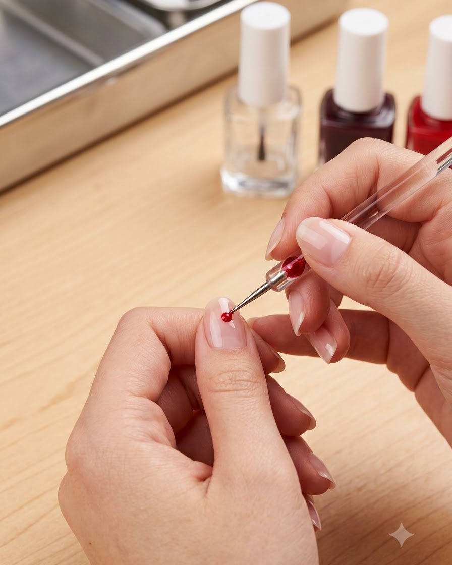 A close-up of hands using a fine detailing tool to gently pat and smooth a drop of red gel polish near the cuticle of a natural nail.