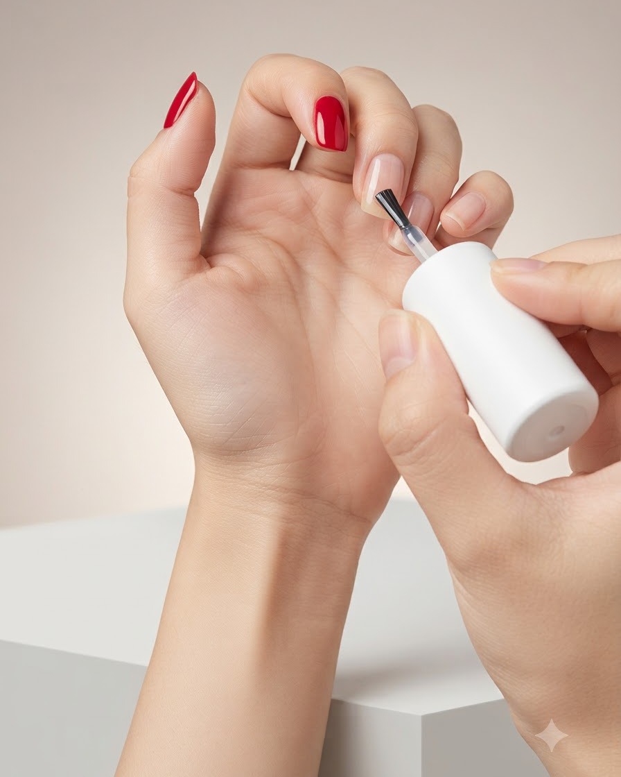 A brush applying shimmering Magic Cat Eye gel polish onto the middle fingernail.