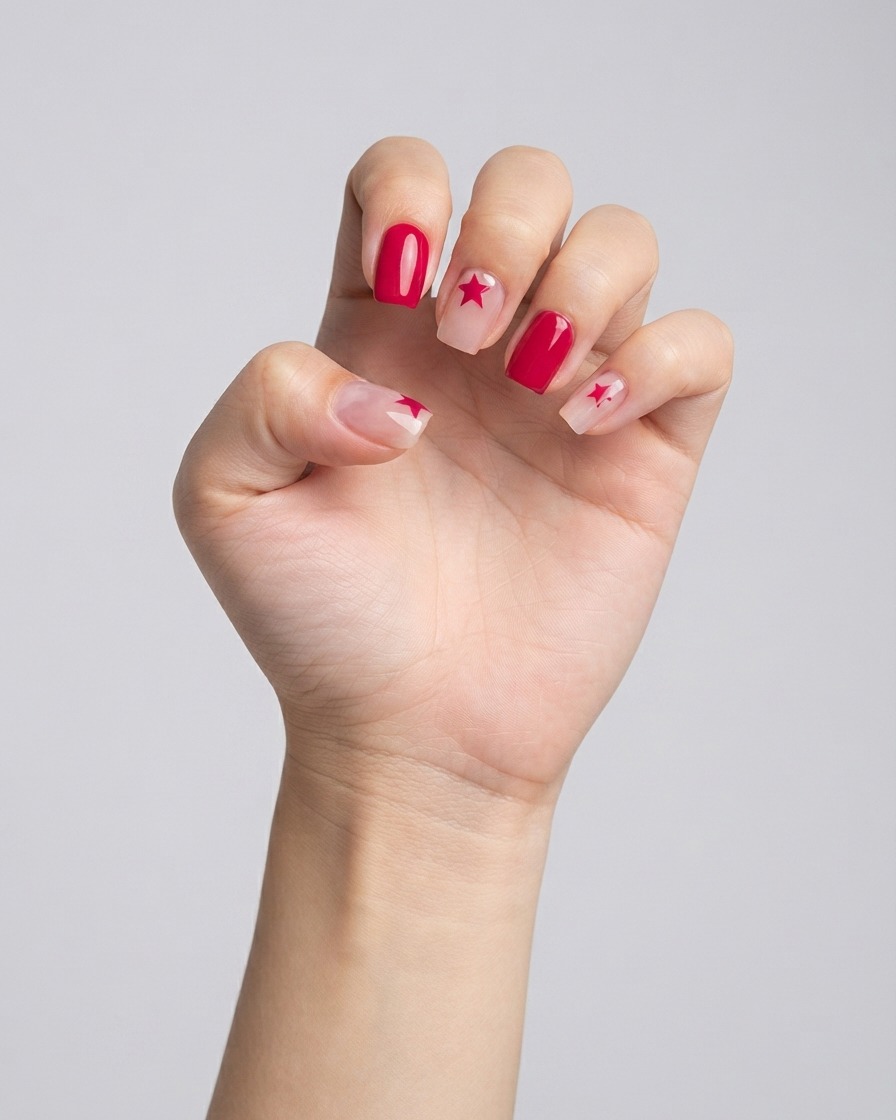 A close-up view of a fine liner brush drawing a white star detail onto a manicured fingernail.