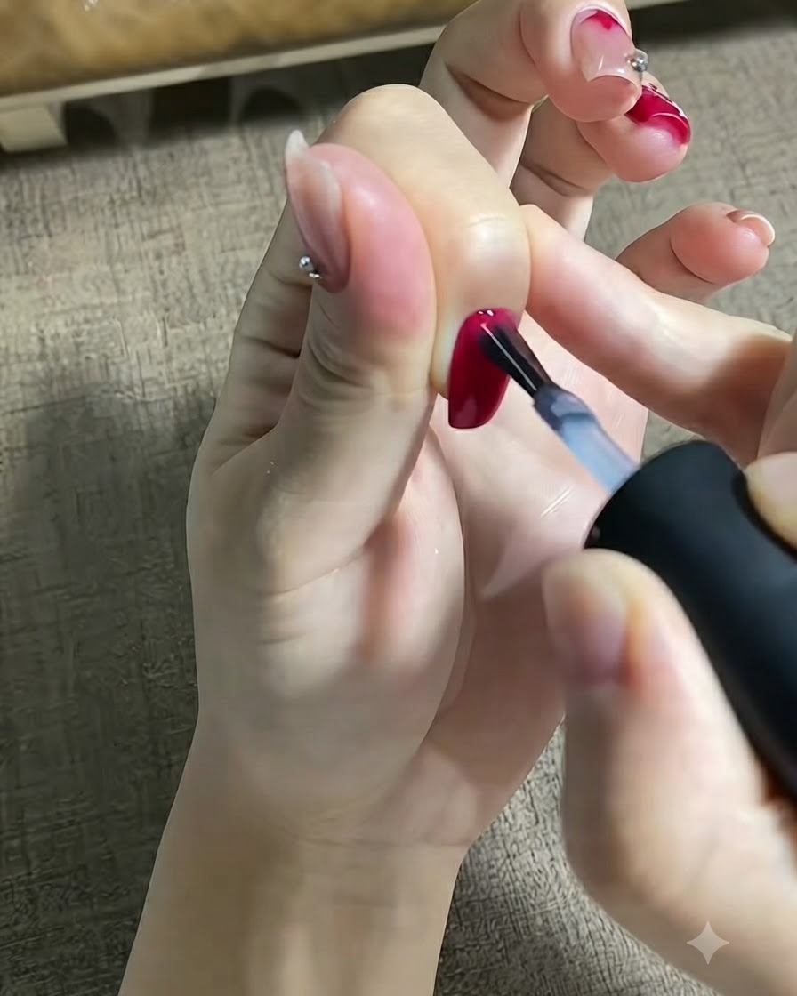 A brush applying a clear glossy top coat over a finished colored fingernail.