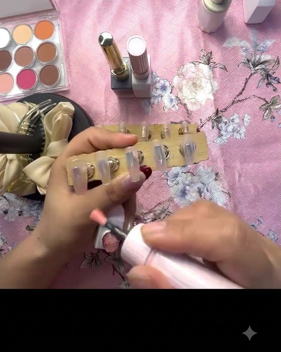 A brush applying translucent pink gel onto a press-on nail mounted on a wooden stand.