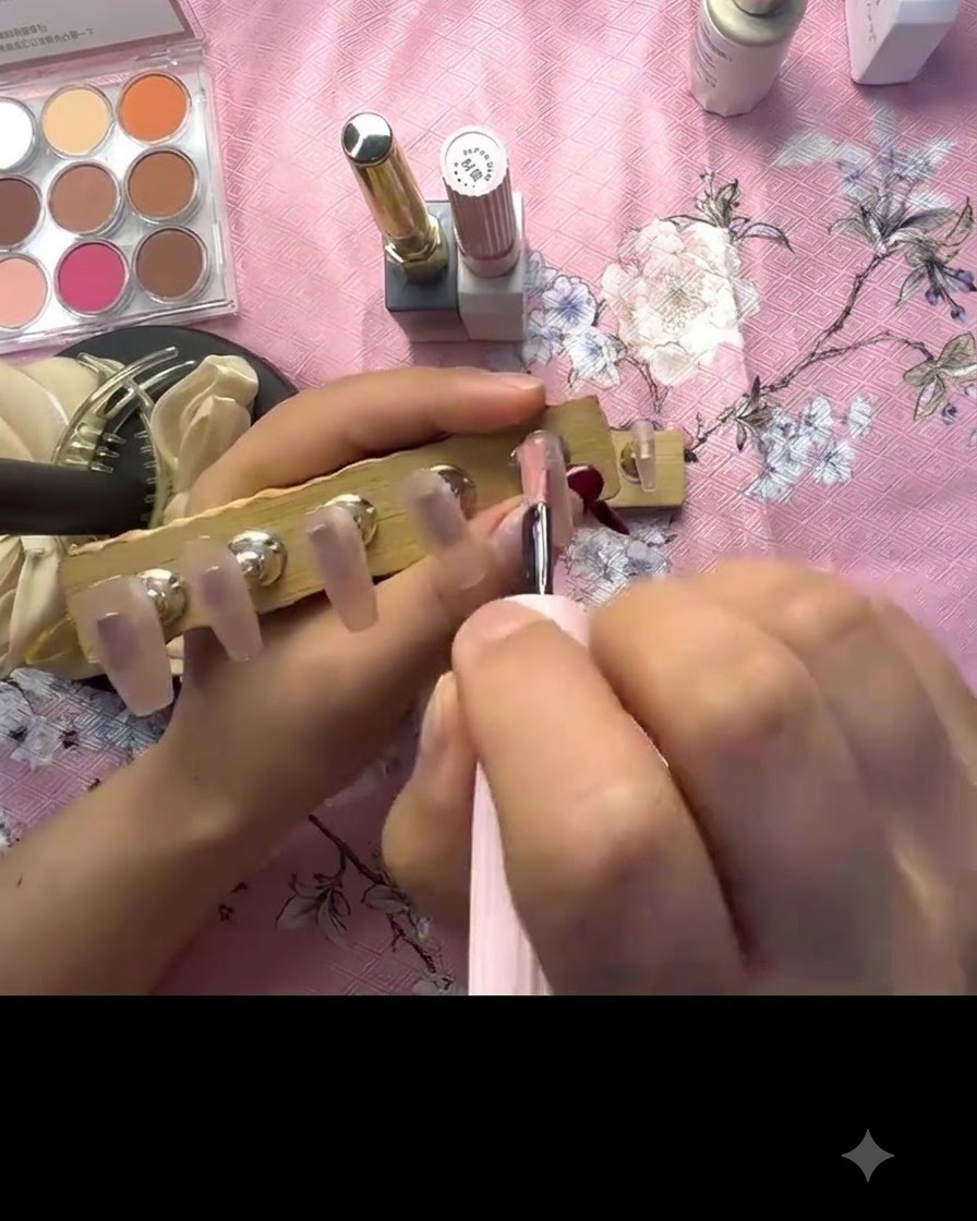 A handheld mini UV lamp curing press-on nails mounted on a wooden stand.