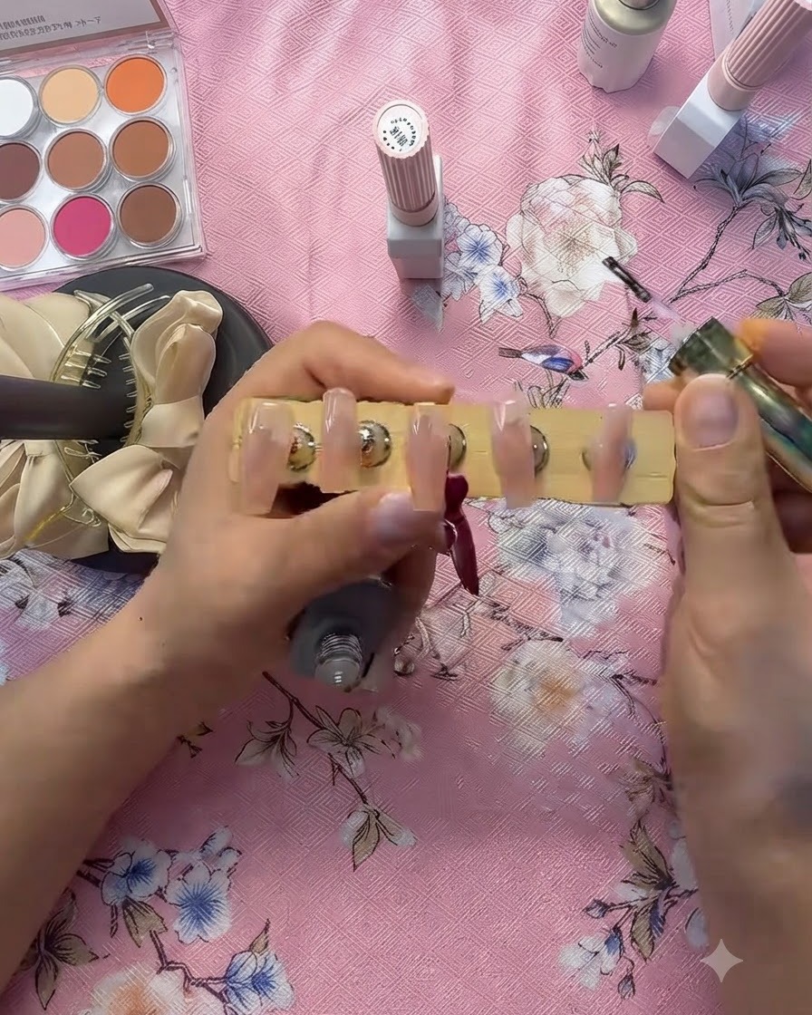 A brush coating a clear layer of base gel over the pink cured nail plate.