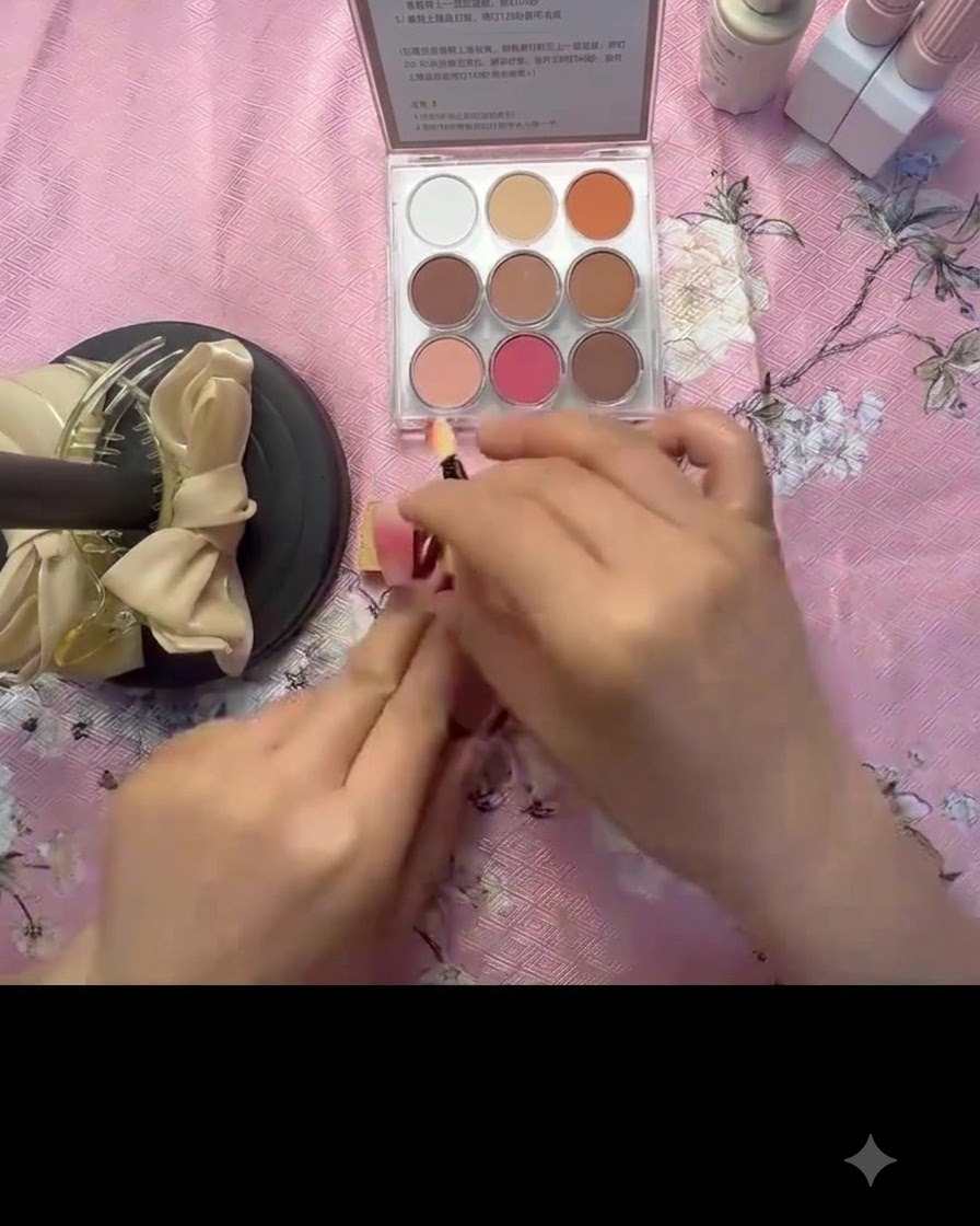 A small sponge applicator picking up bright rose pink pigment powder from an eyeshadow palette.