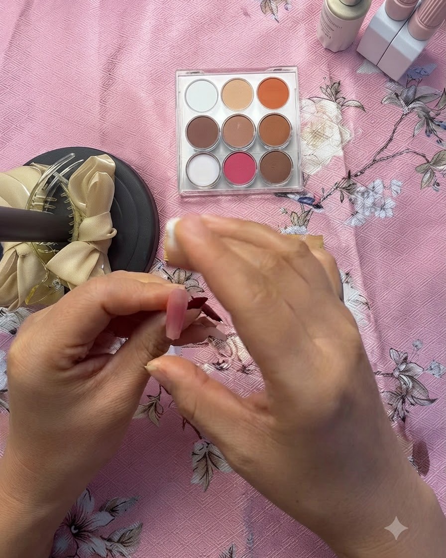 A sponge applicator dabbing rose pink pigment powder onto the center of a pink press-on nail.