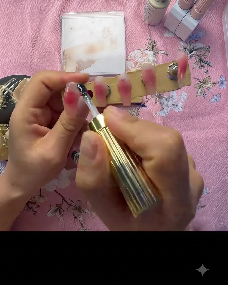 A brush applying a clear sealing gel coat over the blended pink gradient nail.