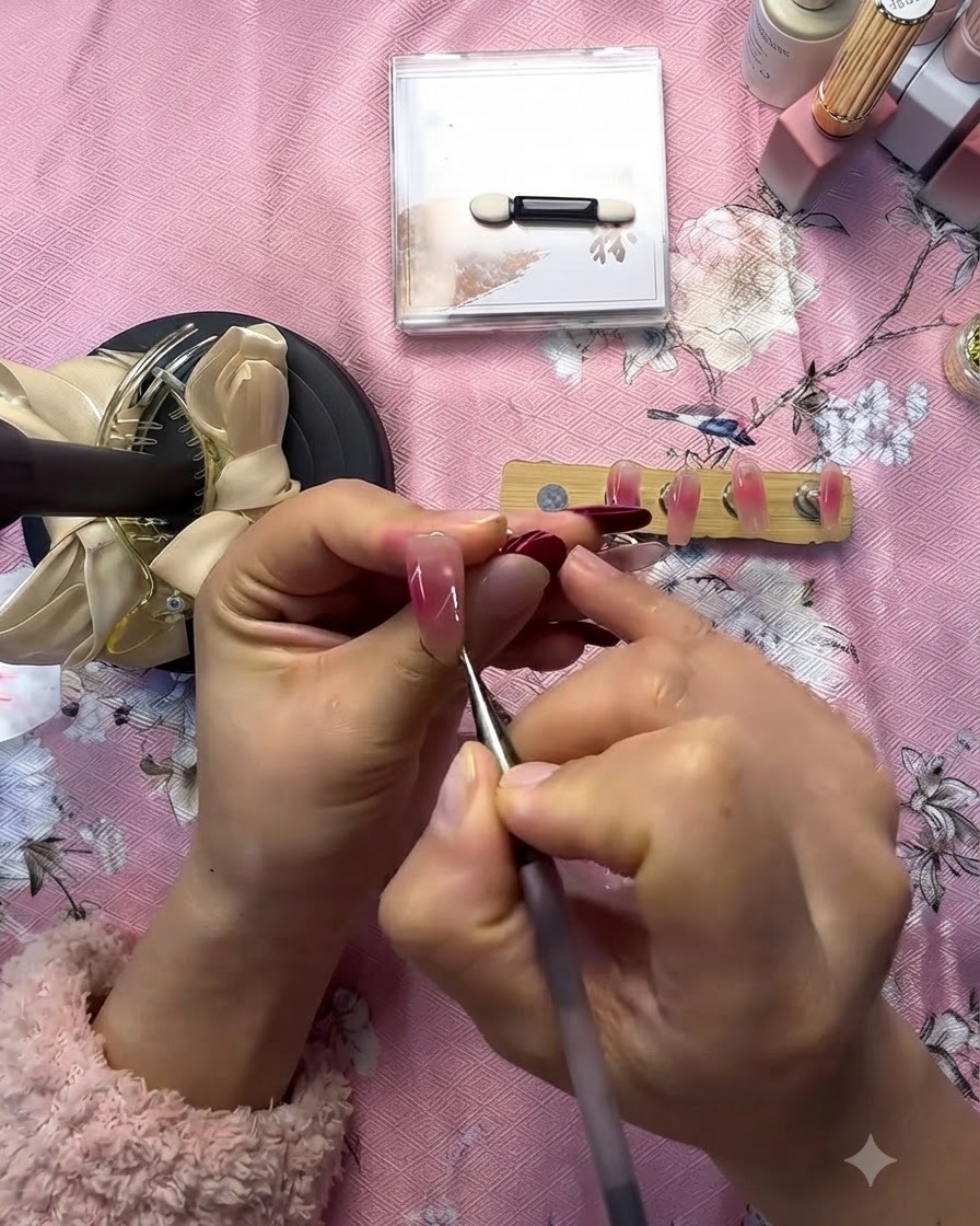 A fine liner brush drawing a white heart shape on a pink gradient press-on nail.