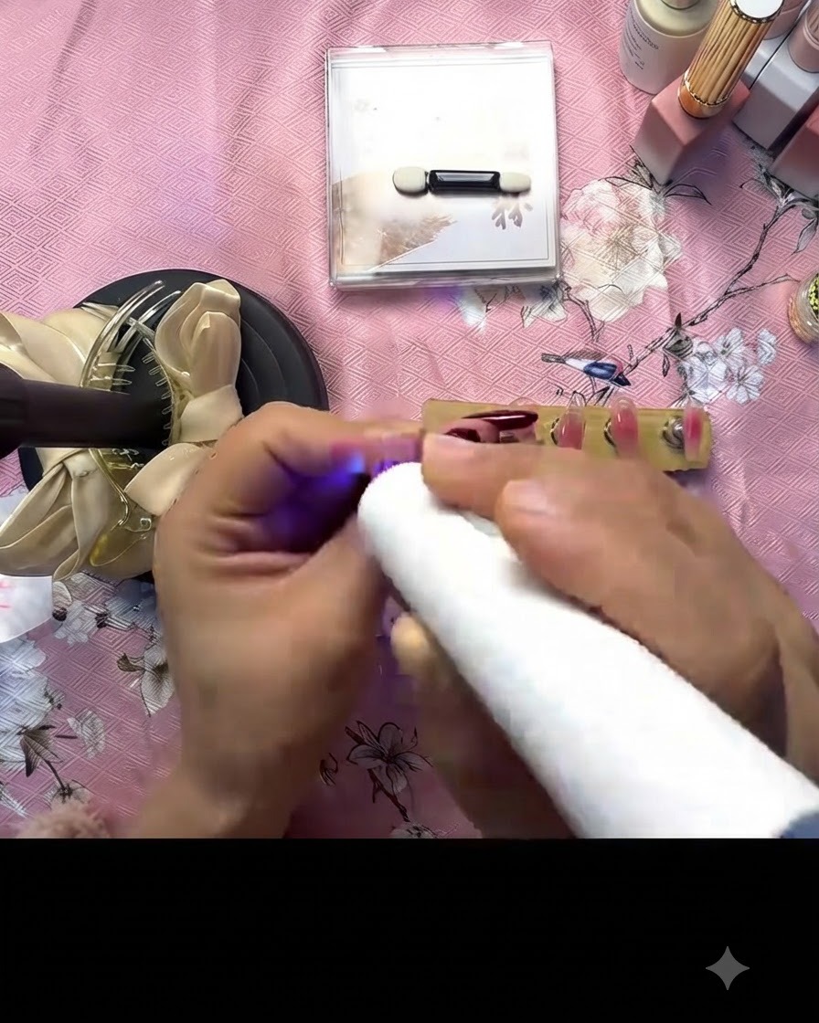 A mini UV lamp curing the painted nail on a wooden stand.