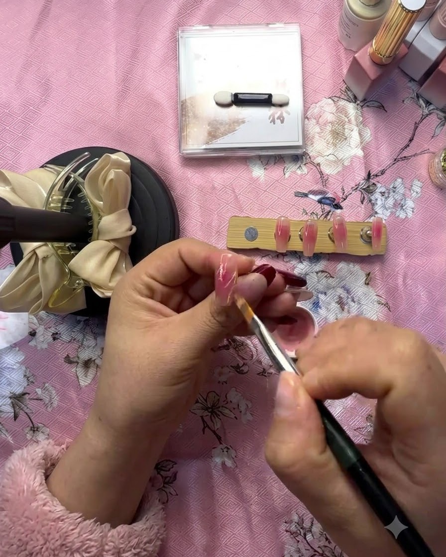 A detail brush adding fine white line accents around the cured heart shape on a pink nail.