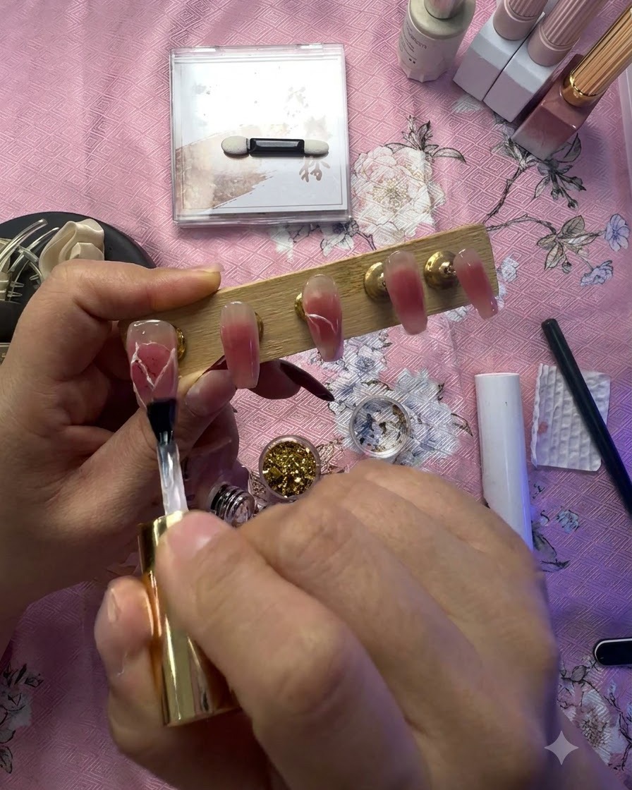 A brush applying a clear protective gel coating over the heart nail art.