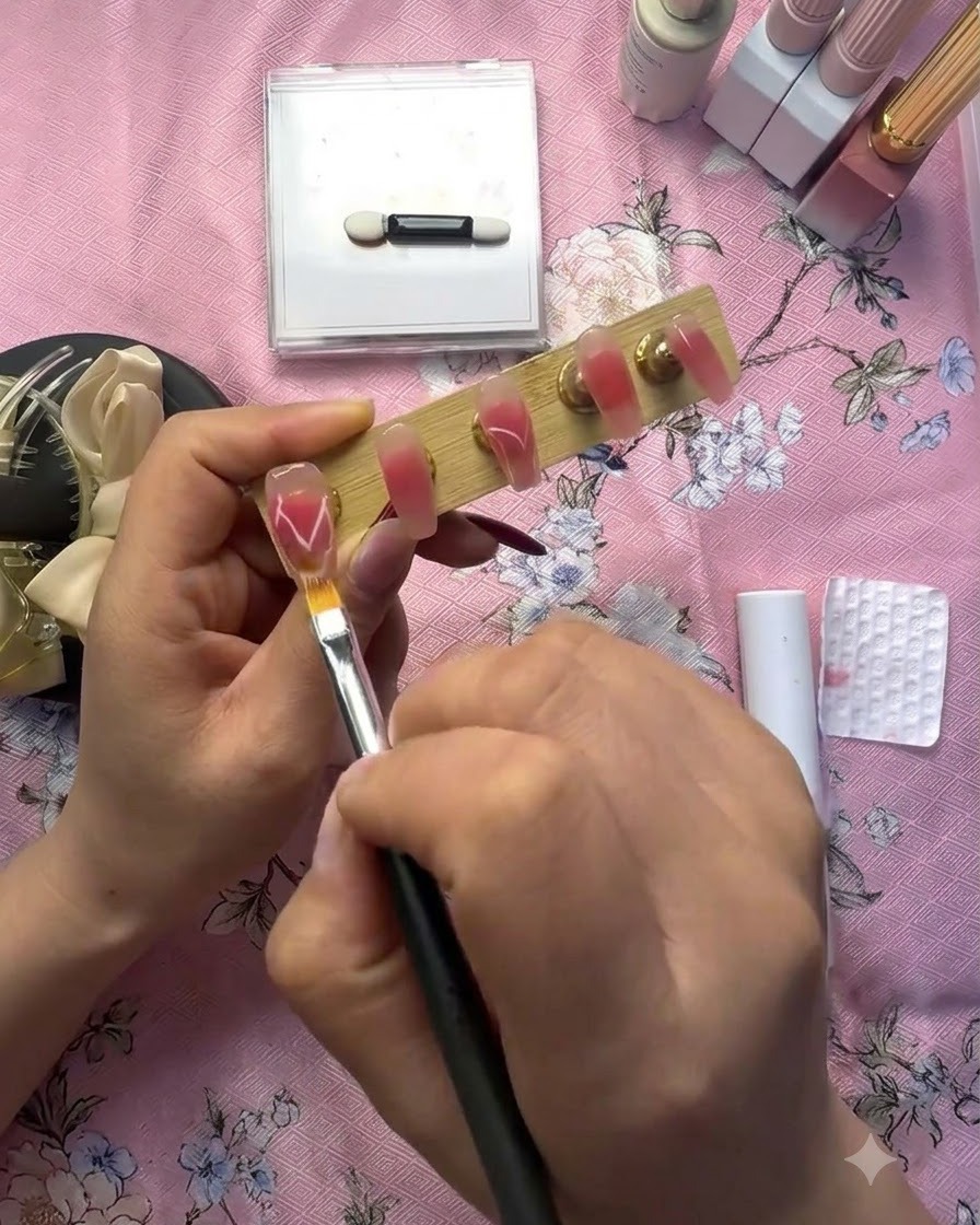 A detail tool placing gold foil flakes onto a wet gel surface next to a white heart design.