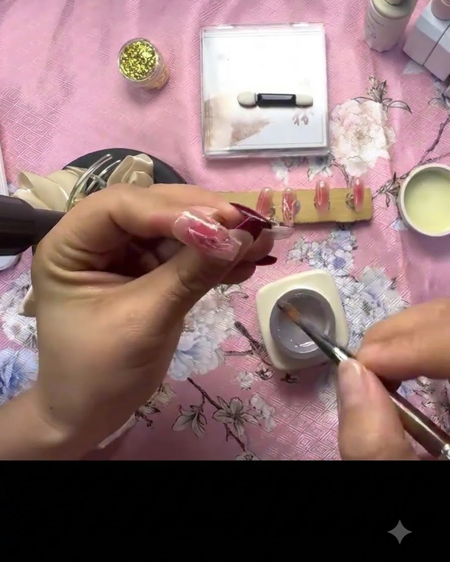 A hand holding a mini UV curing lamp directly over a decorated nail to set the 3D gel texture.