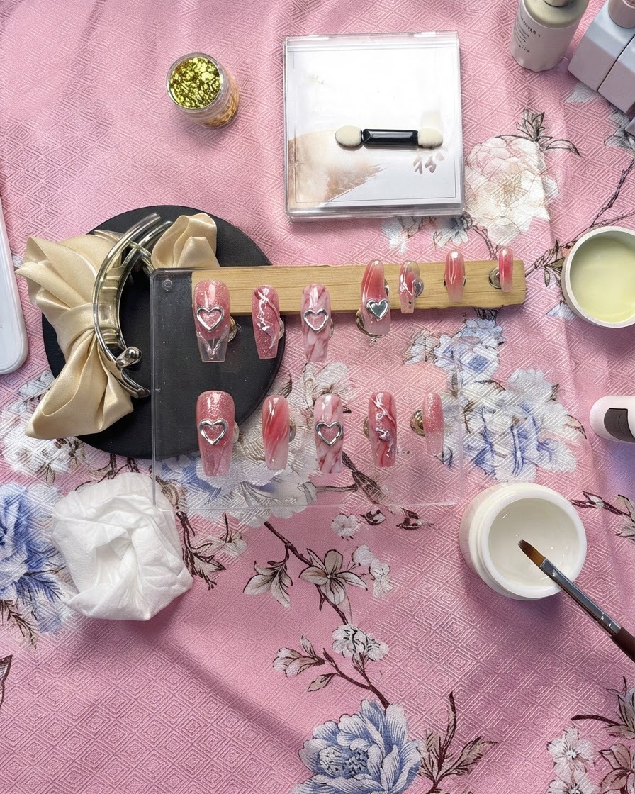 A display stand showing multiple completed press-on nails featuring heart designs and 3D accent dots.