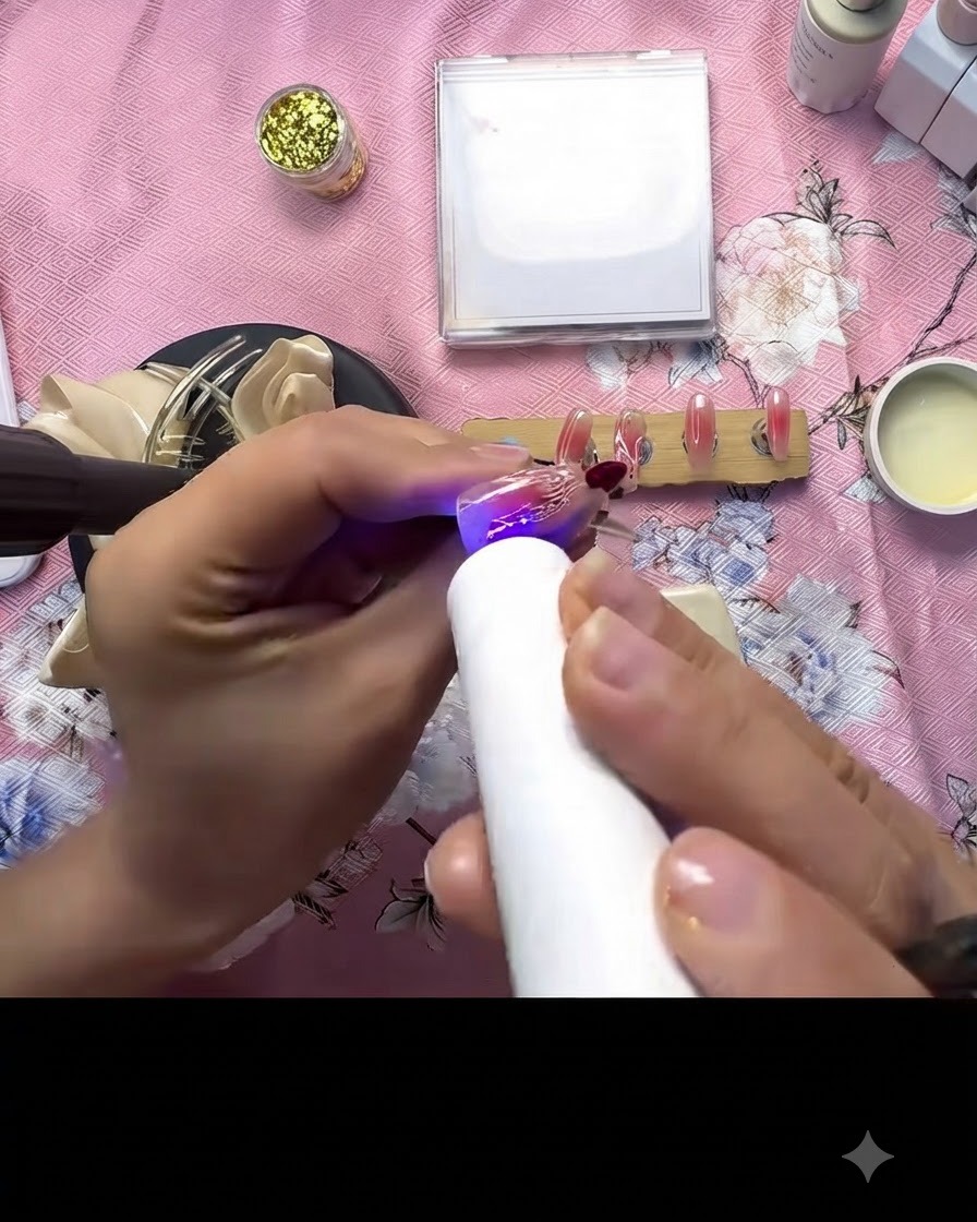 A mini UV/LED lamp curing the small 3D accent dots on a decorated nail.