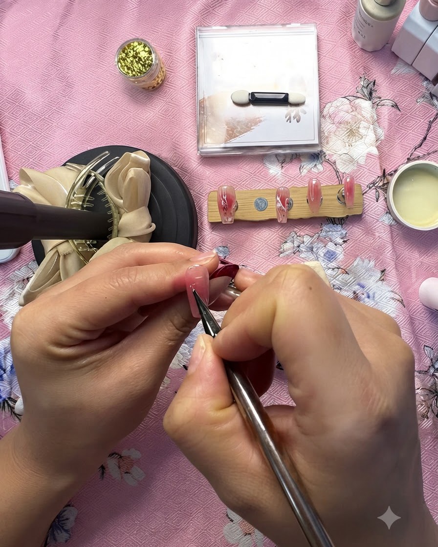 A close-up of a nail artist applying small decorative elements onto a pink gradient accent nail.