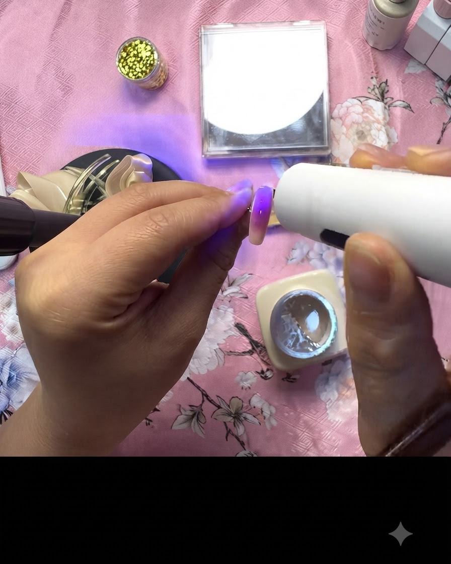 A UV lamp curing the final set of decorated pink accent nails with gold foil details.