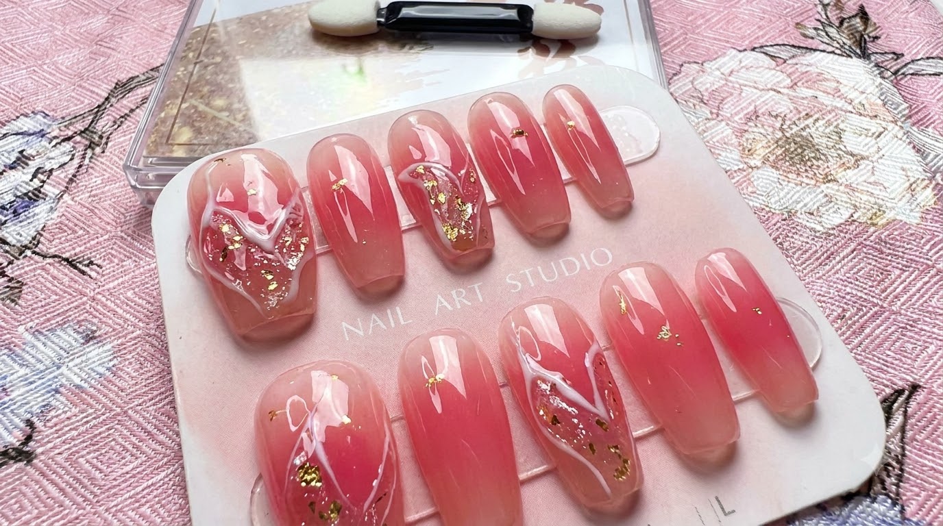 Rose Pink 3D Heart & Gold Foil Press-On Nails — Step-by-Step Tutorial