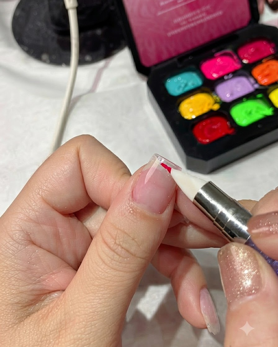 A close-up of a sponge applicator dabbing bright magenta red gel polish onto the edge of a prepped nail plate.