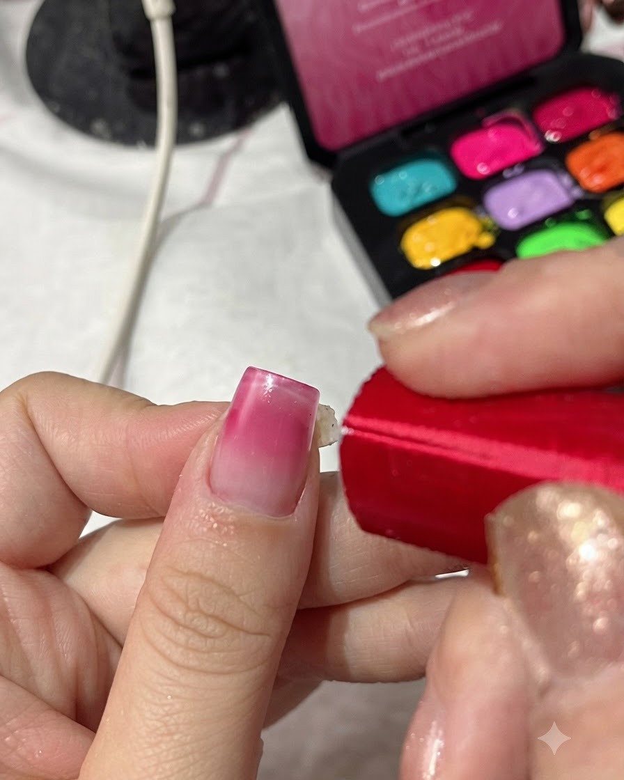 A hand holding a compact red UV/LED curing lamp directly over a freshly painted gradient fingernail.