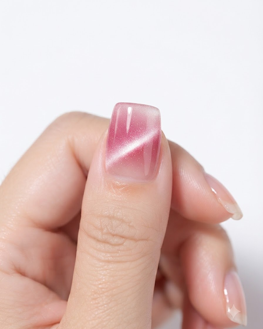 A magnetic tool held near the sides of a cat-eye gel coated nail to create a wide central light band.