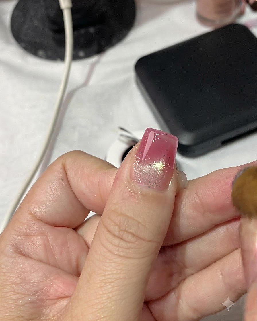 The cylindrical tip of a magnet being rotated in a circular motion above a magnetic cat-eye nail.