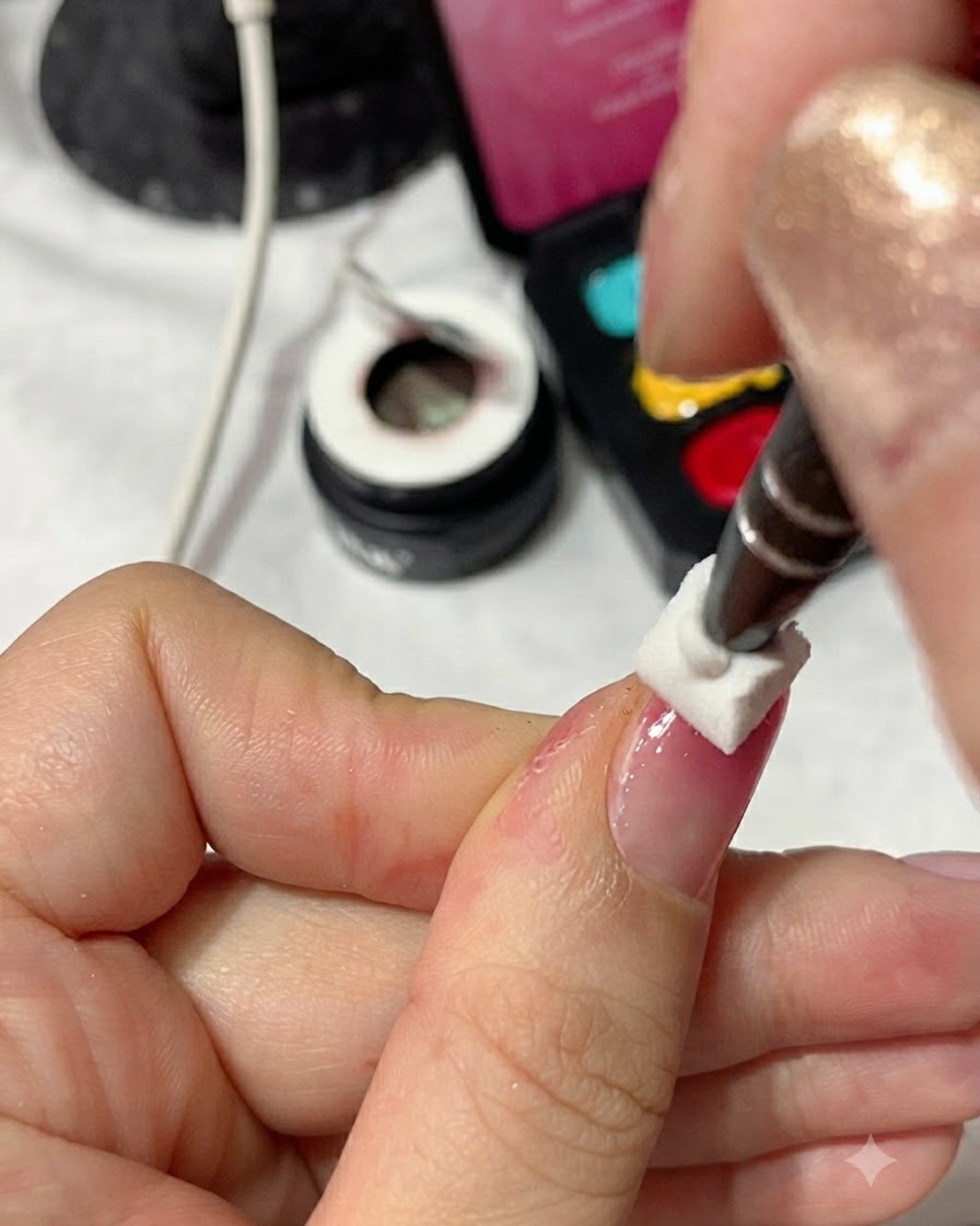 A white sponge or wipe tool being gently pressed against a glossy pink gradient fingernail to cleanse the surface.