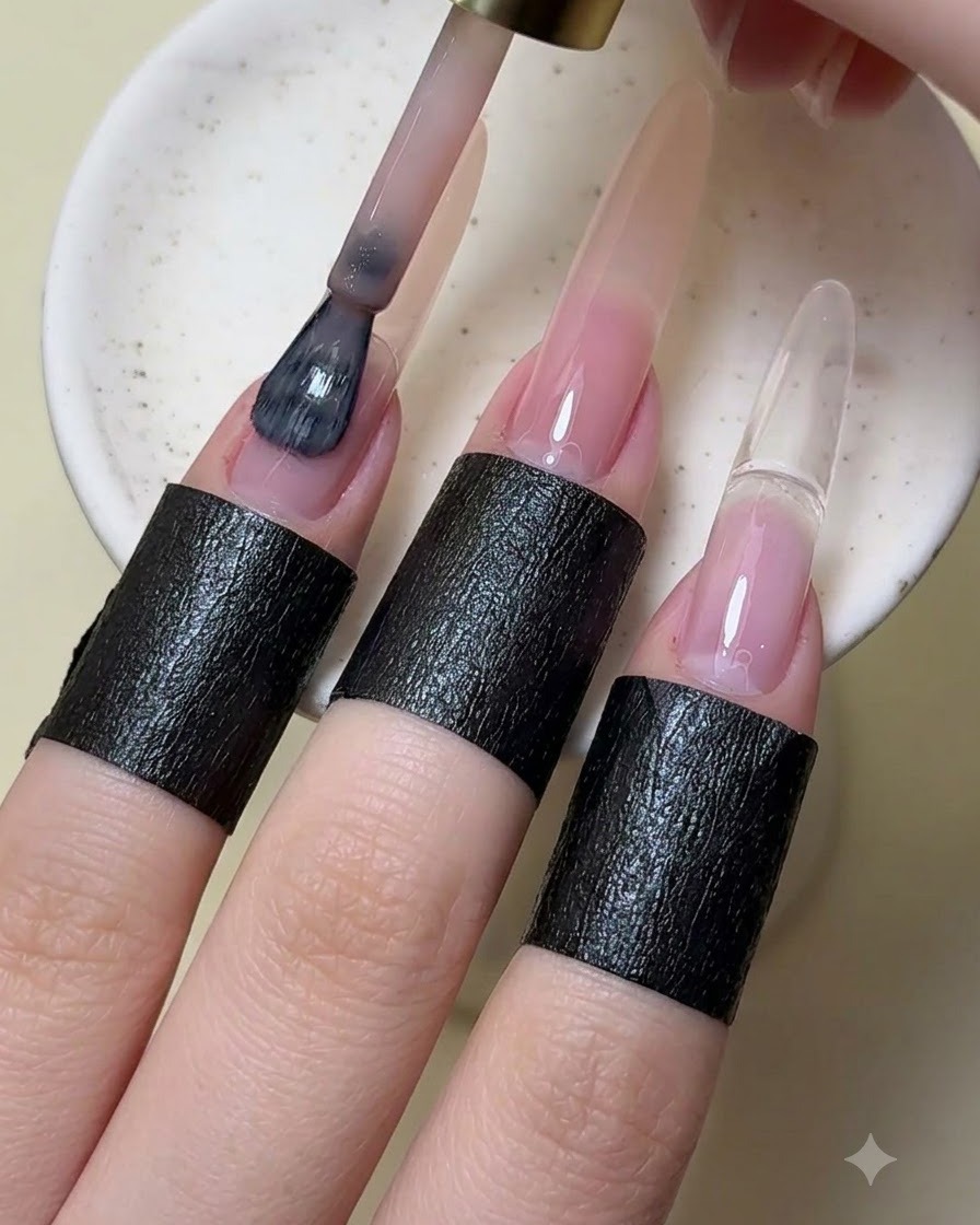 A manicure brush applying nude colored gel polish onto an extended fingernail.