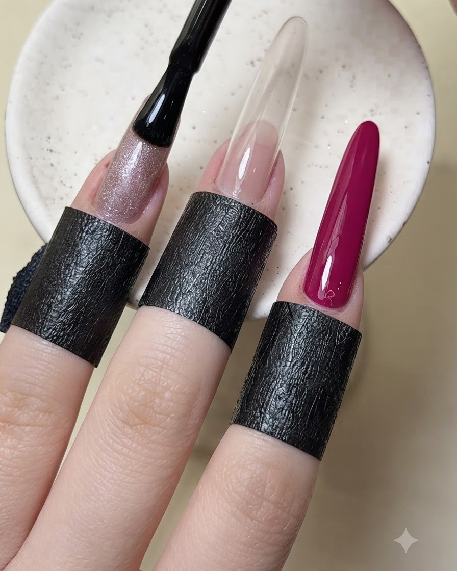 A brush applying metallic cat-eye gel polish onto the ring fingernail.