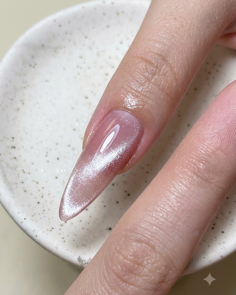 A close-up view of a ring fingernail showing a sharp, glowing silver cat-eye stripe down the center.