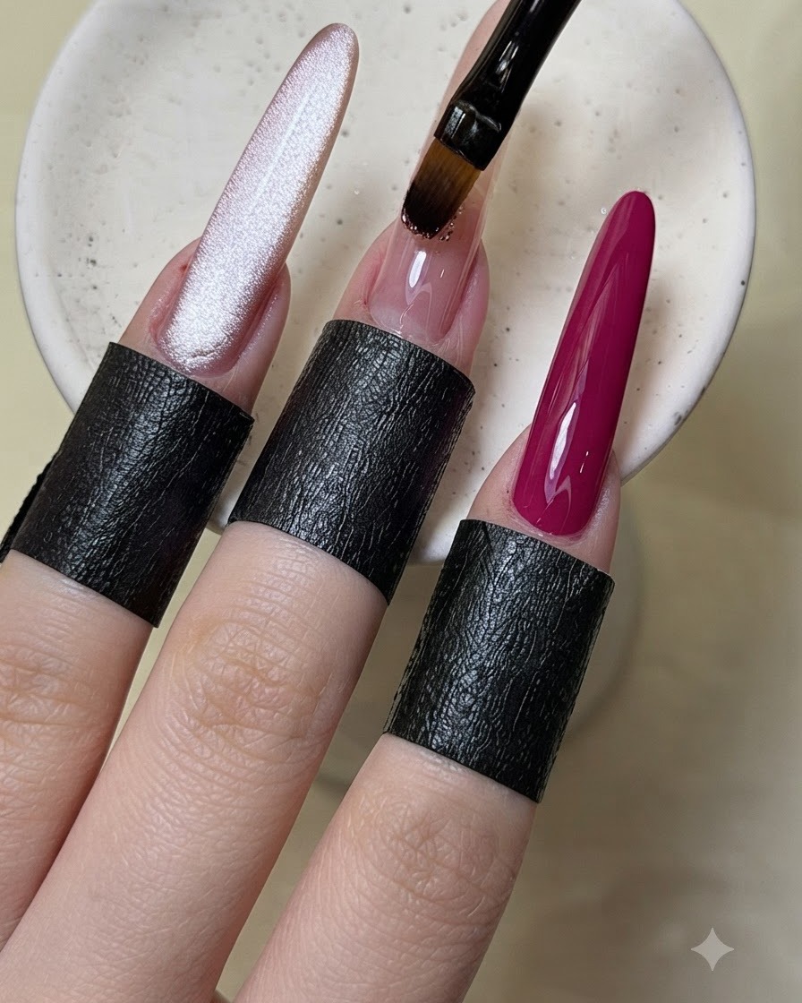 A fine brush placing tiny glitter flakes and sequins onto the middle fingernail.