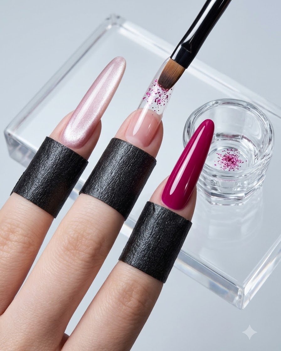 A brush placing pink glitter flakes and butterfly sequins onto a clear extended nail.