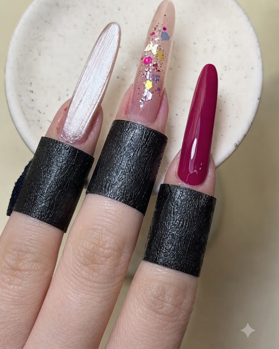 A manicured hand showing completed nail designs including cat-eye and glitter encapsulation.