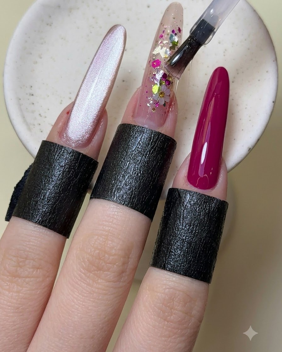 A brush applying a layer of clear top coat over the decorated middle finger nail.