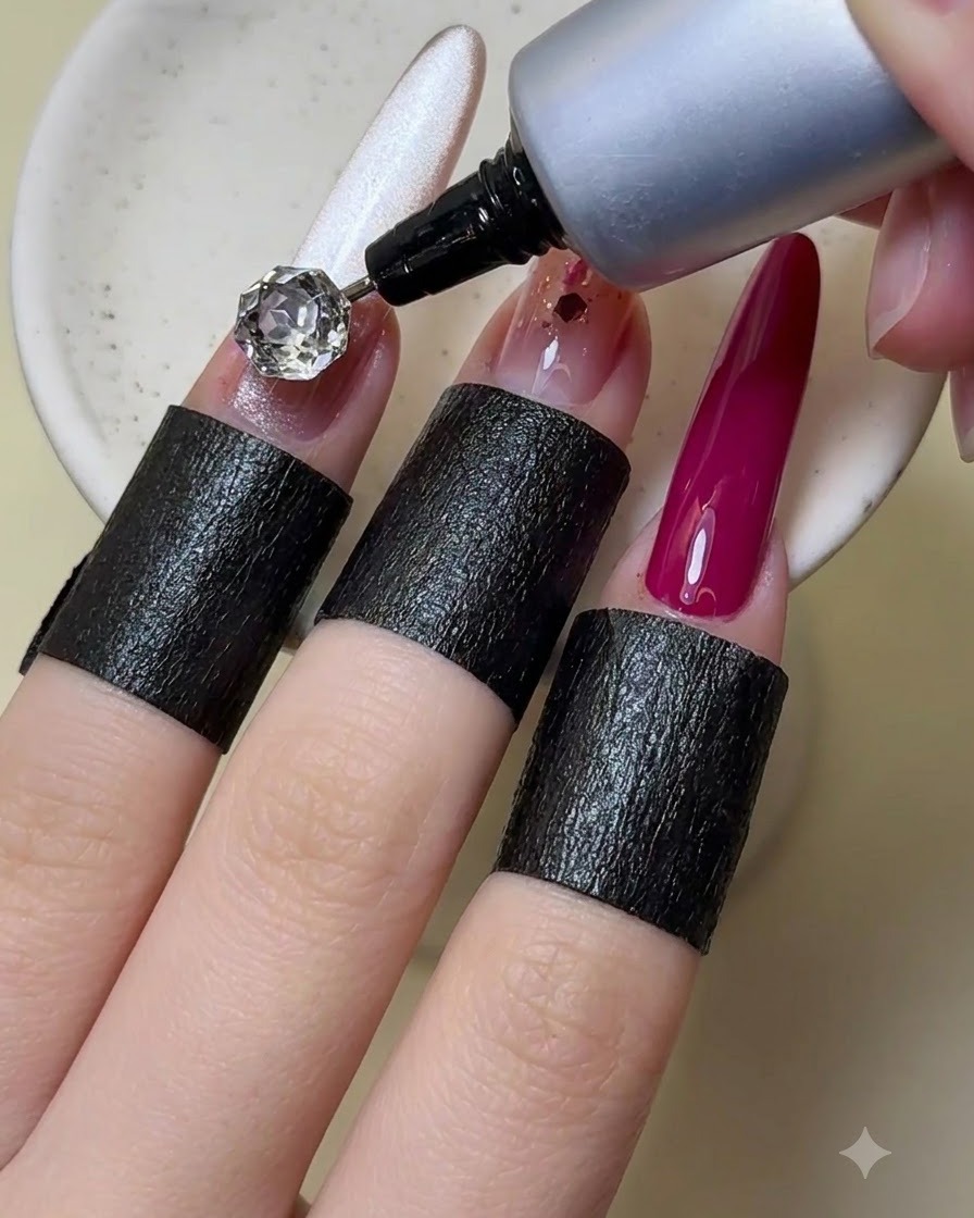 A precision glue bottle nozzle applying adhesive gel around the base of a large diamond rhinestone.
