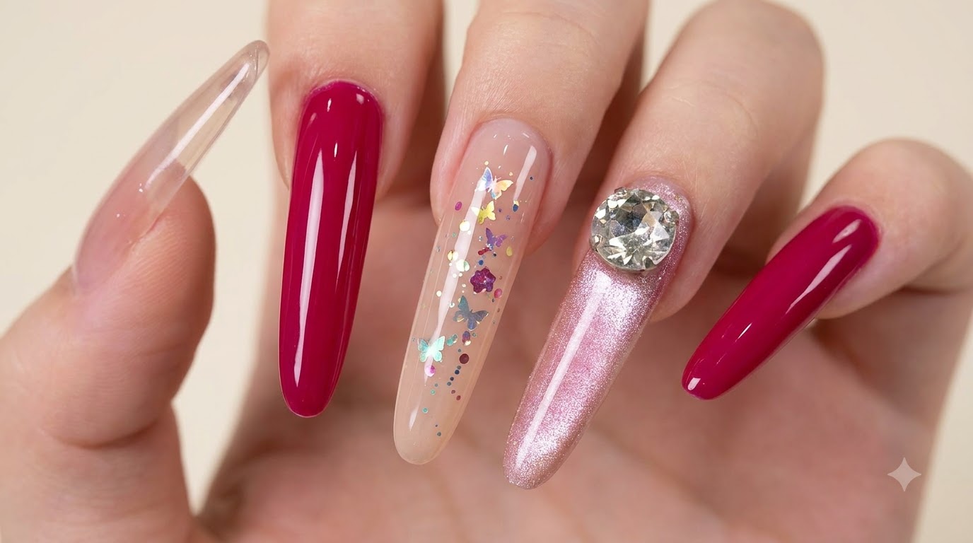 Magenta and Nude Cat-Eye Nail Art with Rhinestone Embellishment — Step-by-Step Tutorial
