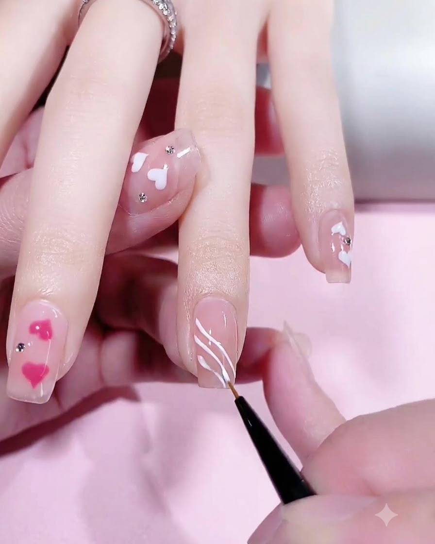 A nail artist painting delicate wavy outlines in pastel colors on a natural-toned nail.