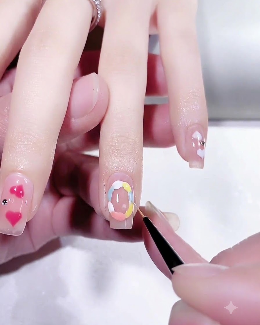 A hand placed inside a professional UV LED nail lamp for curing gel art.