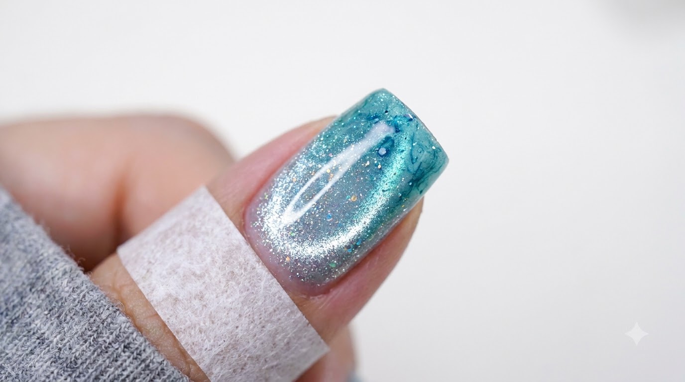 Glacier Blue Jelly Cat Eye Nails with Watercolor Ink Art — Step-by-Step Tutorial