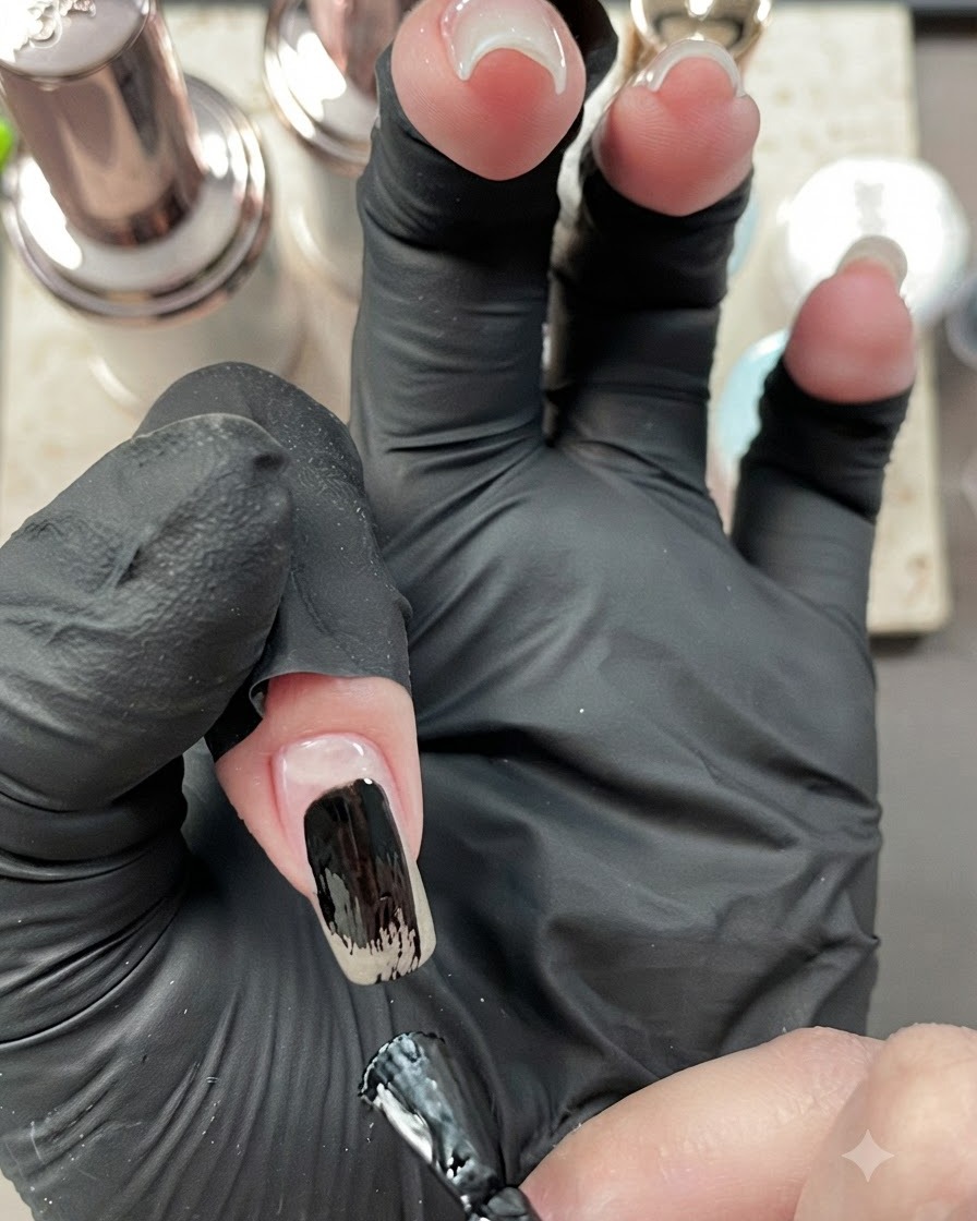 A nail brush spreading black gel polish onto the center of an index fingernail.