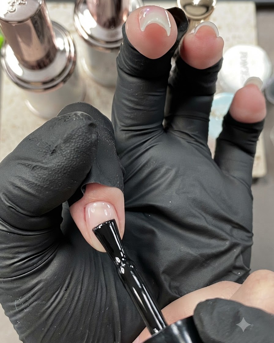 An index finger placed underneath a compact white LED curing lamp.