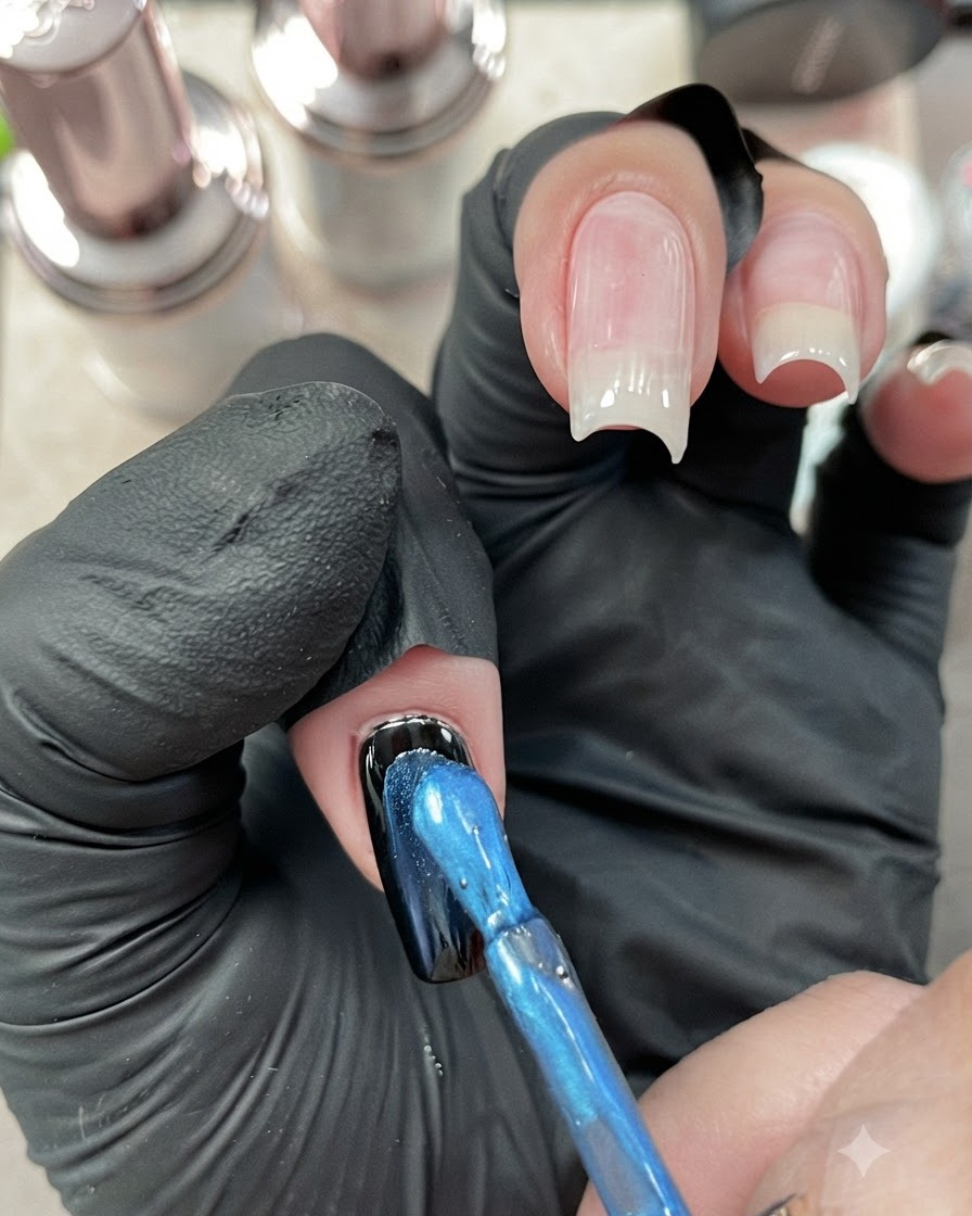 A brush applying vivid blue metallic cat-eye gel over a black gel-coated fingernail.