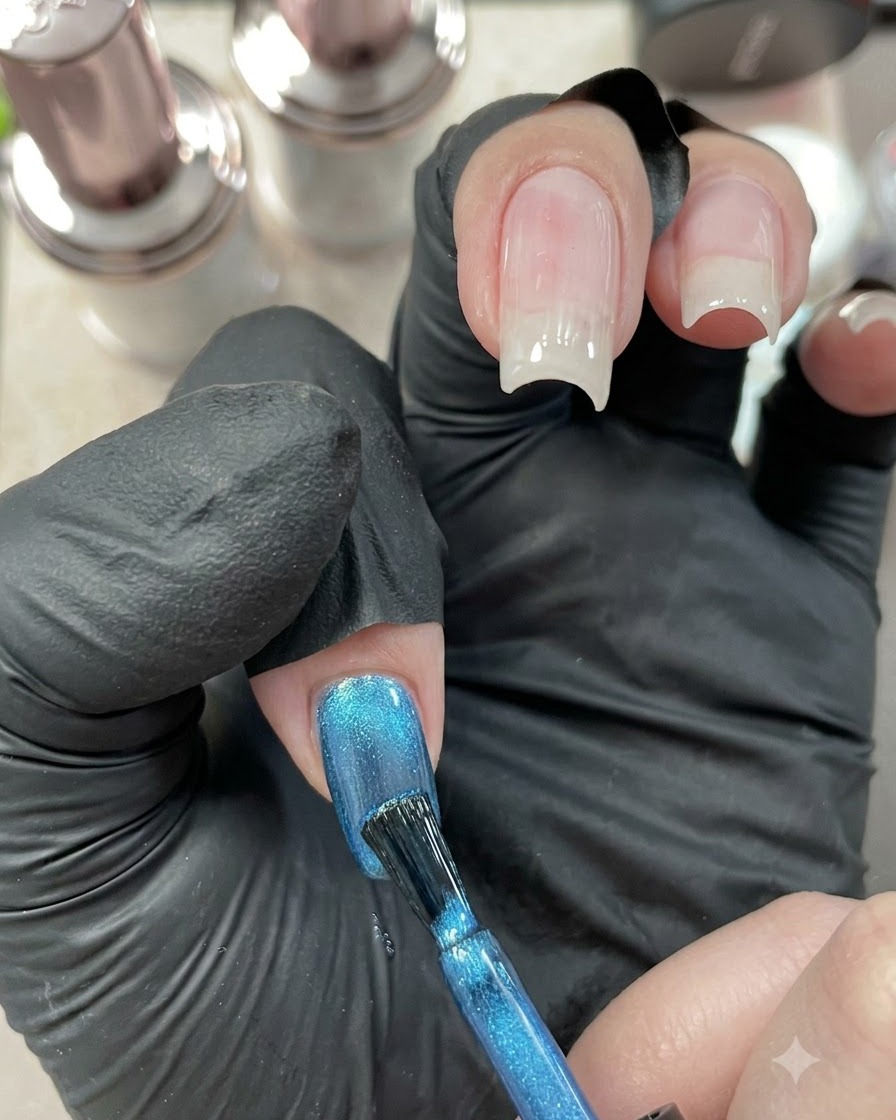 A blue cat-eye manicured nail resting under a portable mini curing light.