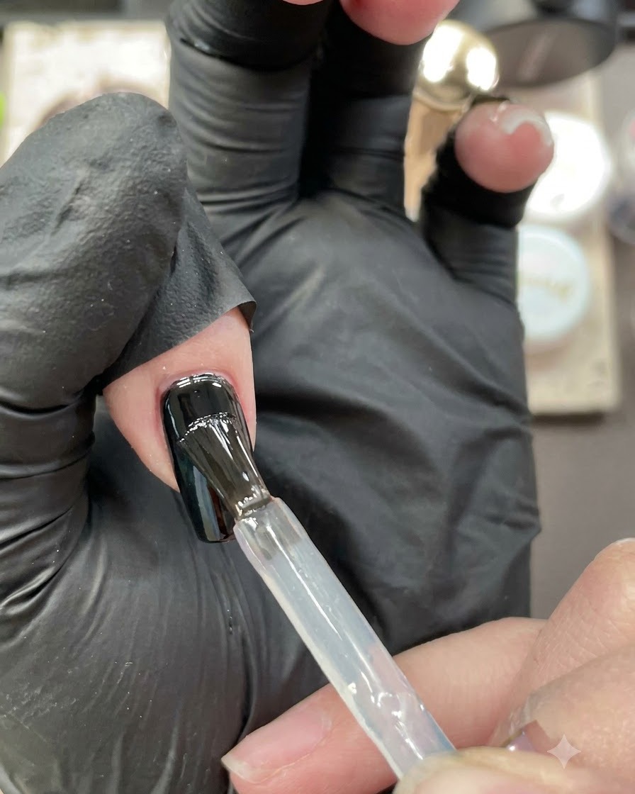 An index finger with a glossy top coat curing under a mini UV/LED lamp.