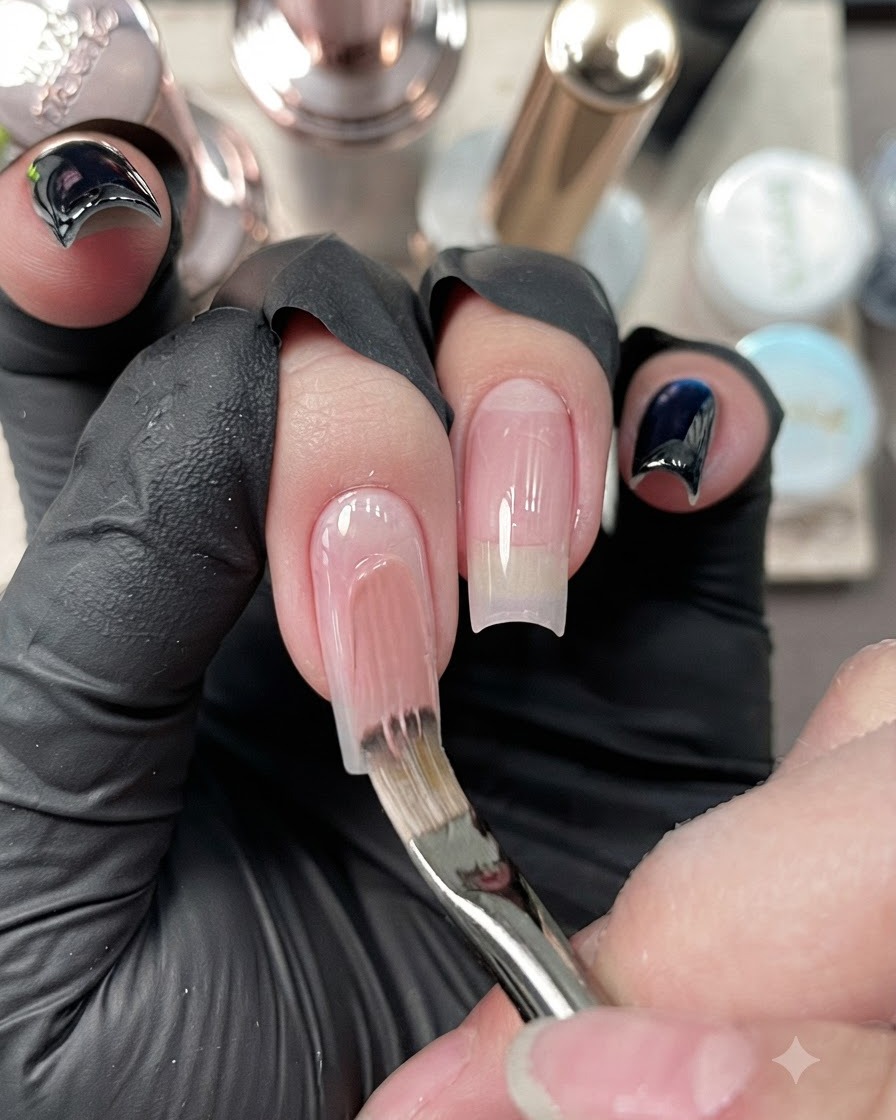 A nail brush applying a smooth coat of nude gel polish onto the middle nail plate.