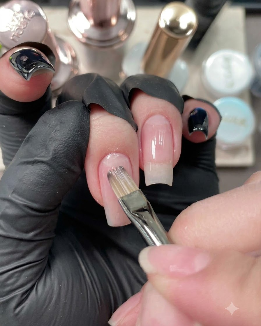 A nail brush applying nude base coat onto the ring fingernail.