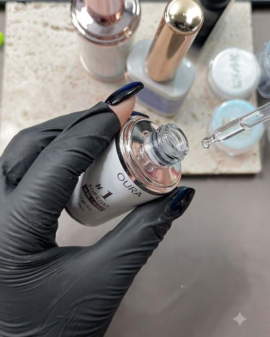A bottle of top coat with a dropper dispensing product next to a gloved hand.