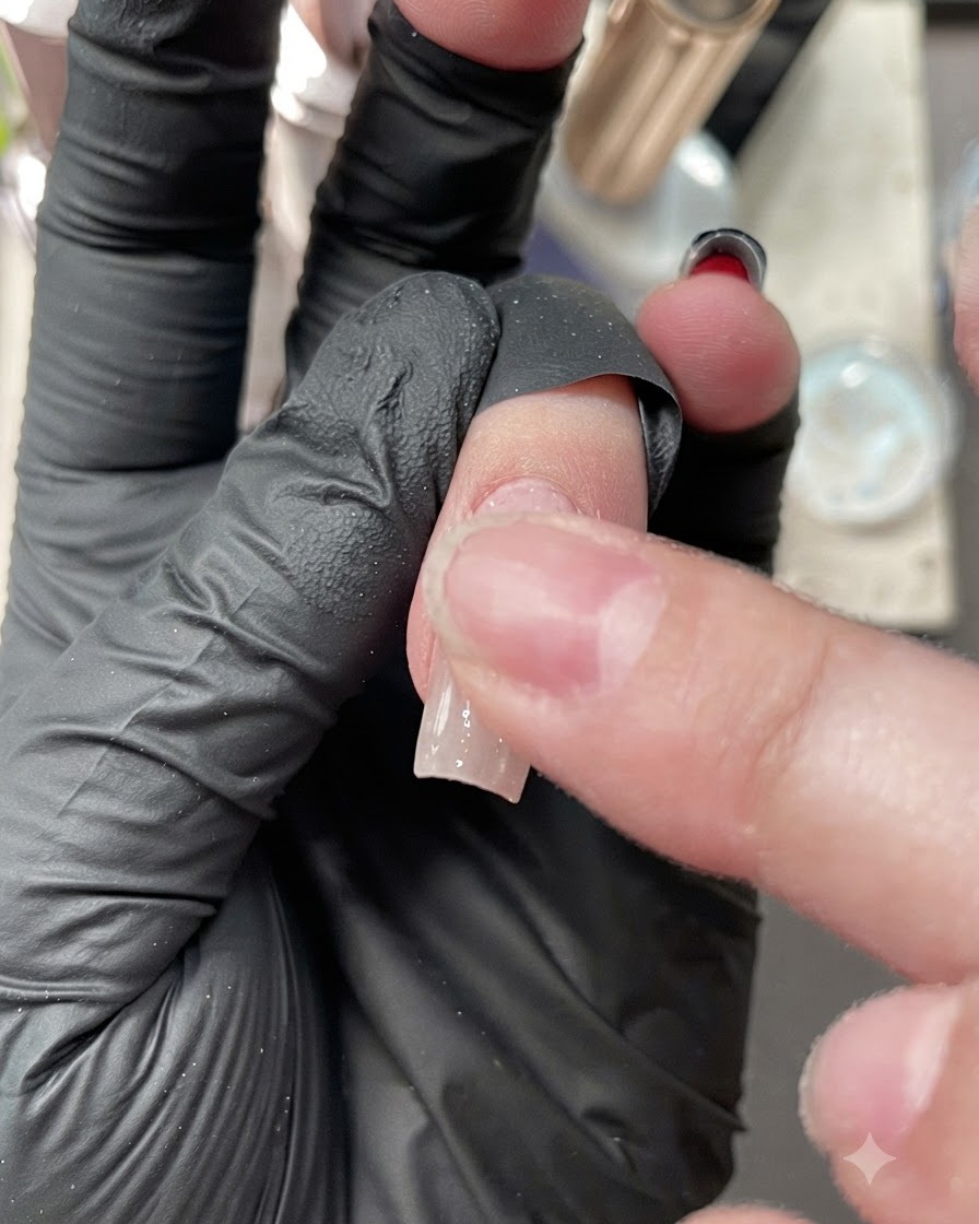 A gloved finger rubbing mixed aurora powder onto a polished fingernail surface.